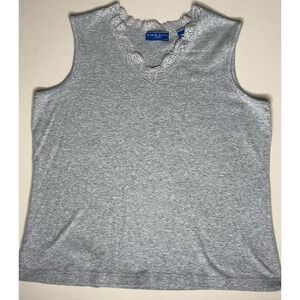 Karen Scott Sport Women's Gray V Neck Sleeveless Shirt Top W/ Lace Trim Size PL